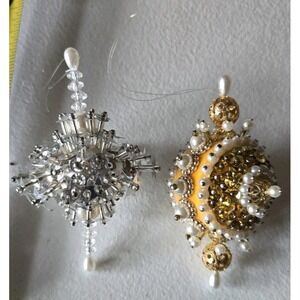 Vintage Handmade Beaded Satin Ball Ornaments Lot of 2 – Gold & Silver Mid...